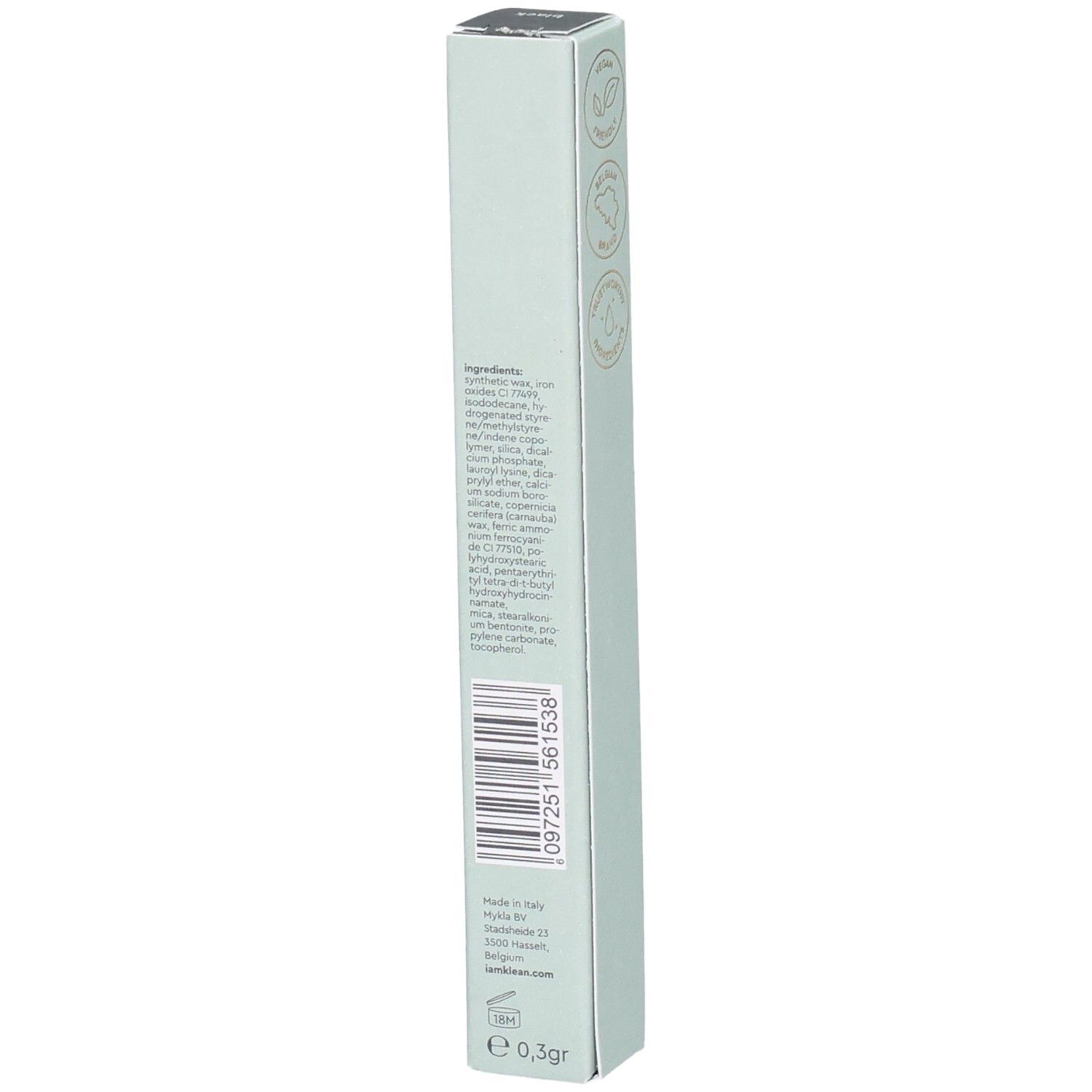 Dos de l'emballage Kajal Eye Pencil Black. Ingrédients, code-barres, adresse, poids 0,3gr. Marque i.am.klean.