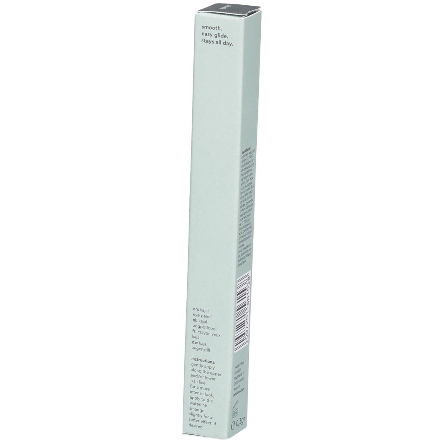 Emballage Kajal Eye Pencil Black. Texte: smooth, easy glide, stays all day. Marque i.am.klean. Boîte vert clair.