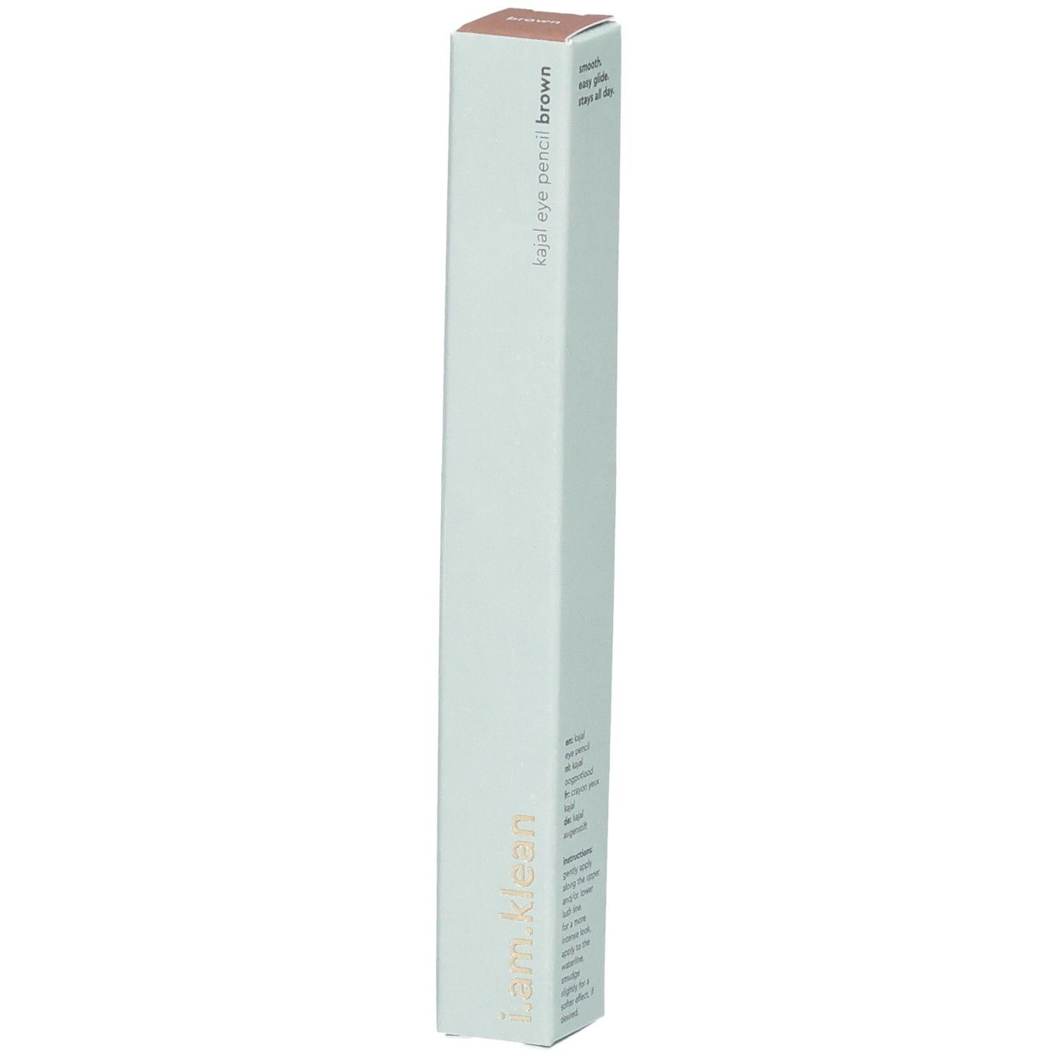 Crayon Kajal Eye Pencil Brown, emballage. Marque i.am.klean. Boîte fine et allongée, vert clair avec couvercle marron.