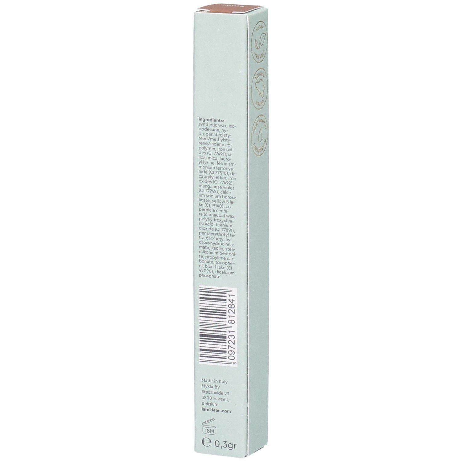 Emballage Kajal Eye Pencil Brown avec ingrédients et code-barres. Boîte verte claire avec couvercle marron. Texte multilingue.