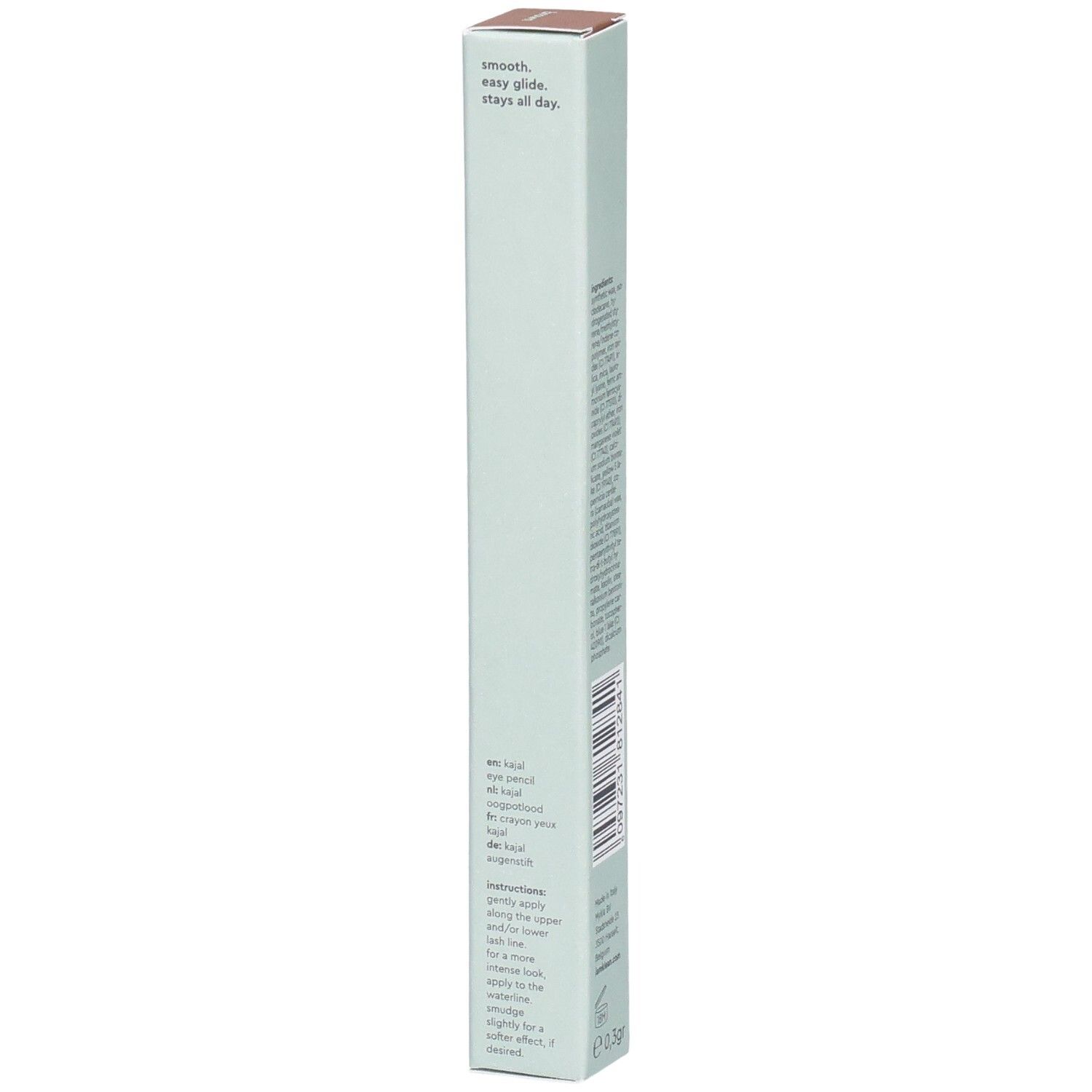 Emballage Kajal Eye Pencil Brown avec texte. 'Smooth, easy glide, stays all day.' Boîte verte claire avec couvercle marron.