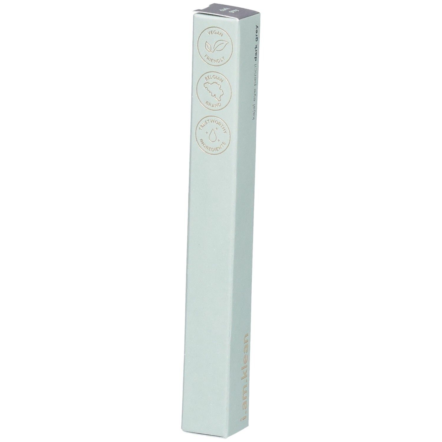 Emballage vert clair avec logos : Vegan, Cruelty Free, Cosmos Natural. Kajal Eye Pencil Dark Grey Moontide.