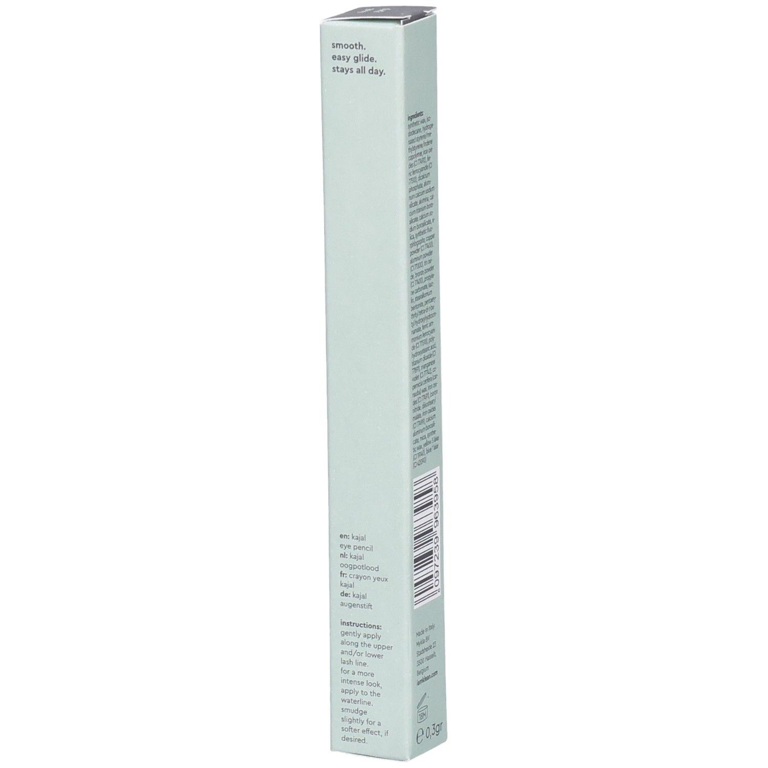 Emballage avec instructions : 'smooth, easy glide, stays all day'. Kajal Eye Pencil Dark Grey Moontide.