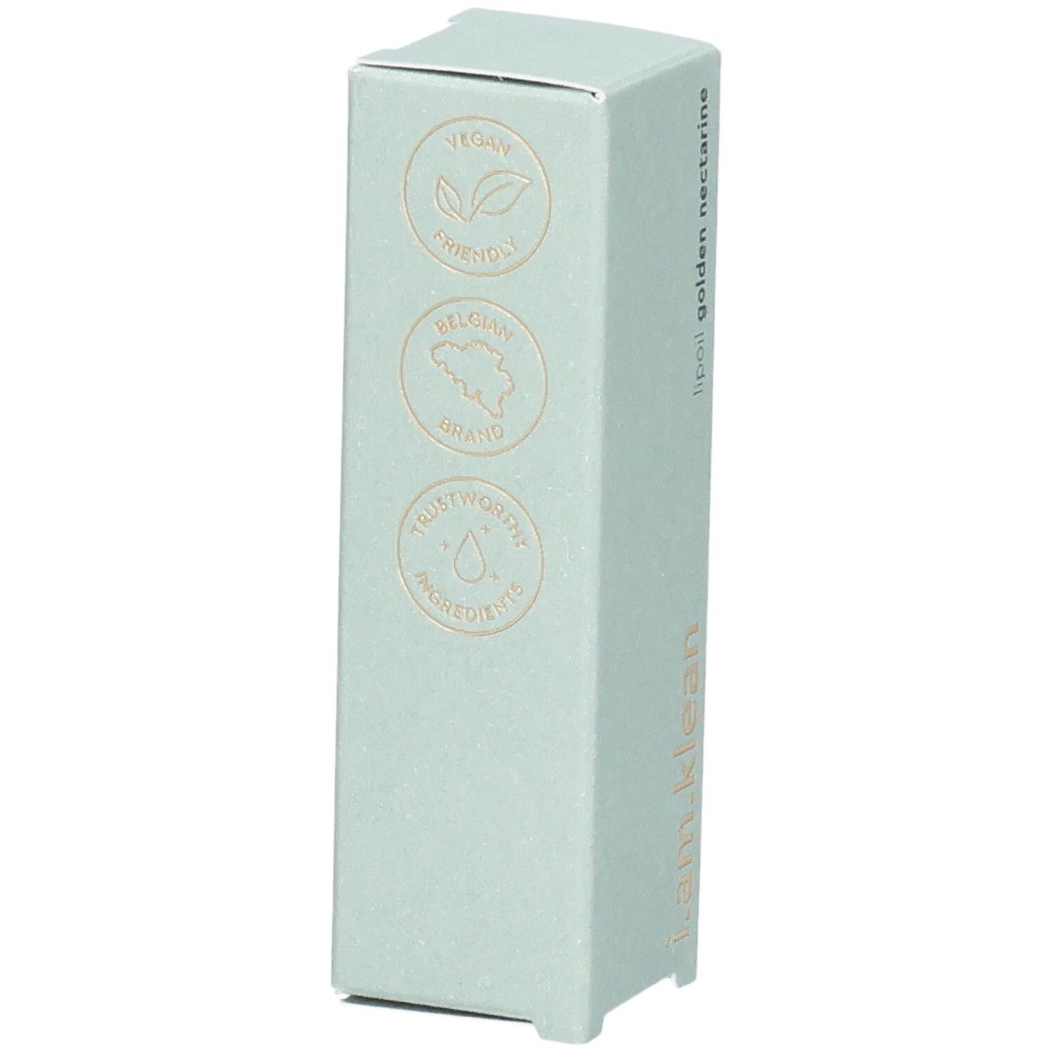 Boîte vert clair avec logos : Vegan, Belgium Brand, Trustworthy Ingredients. Inscription : lipoil golden nectarine.