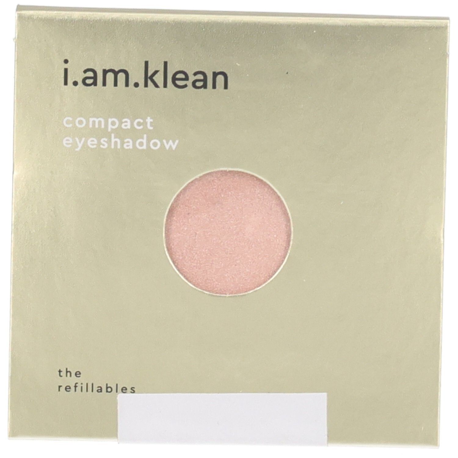 Fard à paupières compact rose clair. Inscription : i.am.klean, compact eyeshadow, the refillables. Emballage doré.