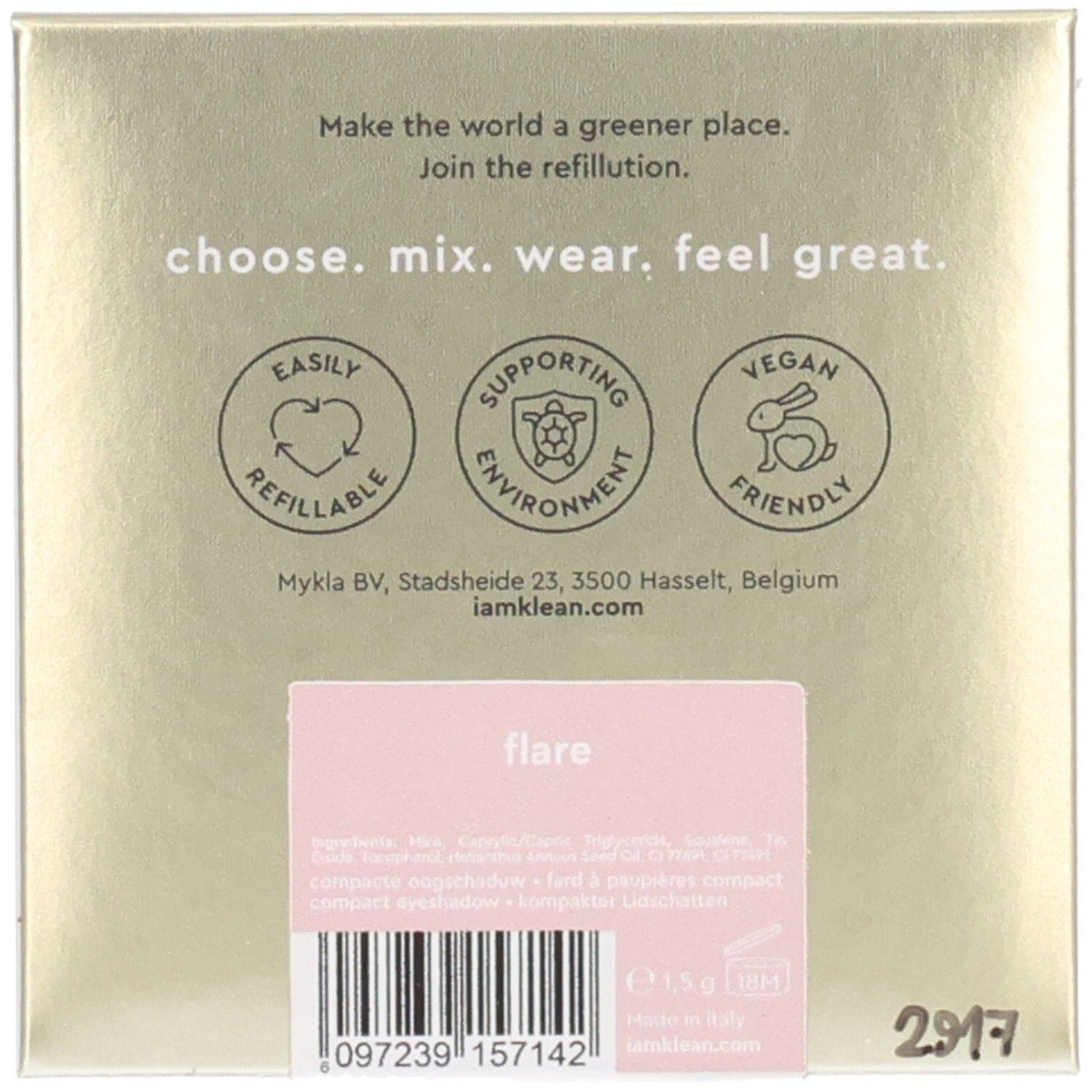 Dos de l'emballage de fard à paupières. Texte : choose. mix. wear. feel great. Logos : rechargeable, respectueux de l'environnement, vegan. Étiquette : flare.