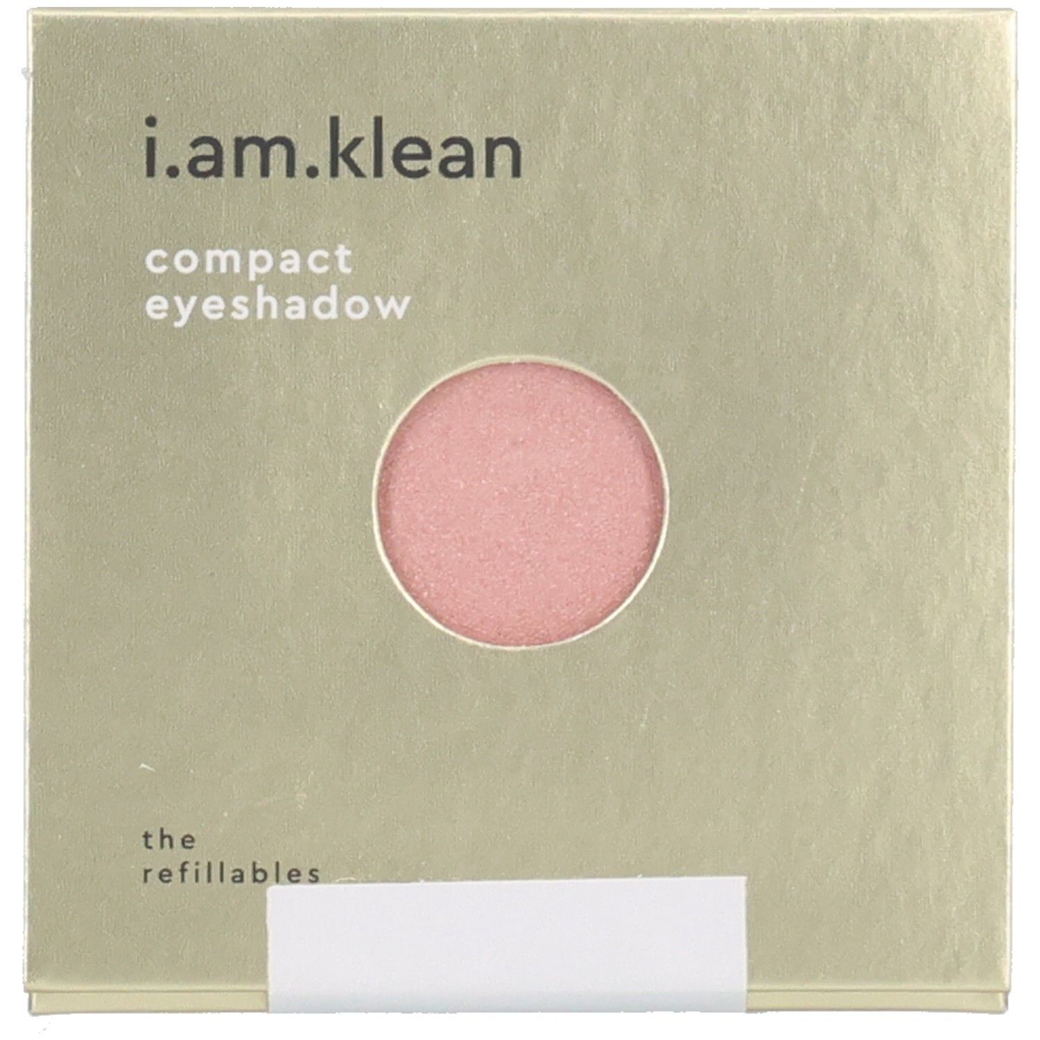 Fard à paupières compact rose. Sur emballage doré, texte : "i.am.klean compact eyeshadow".