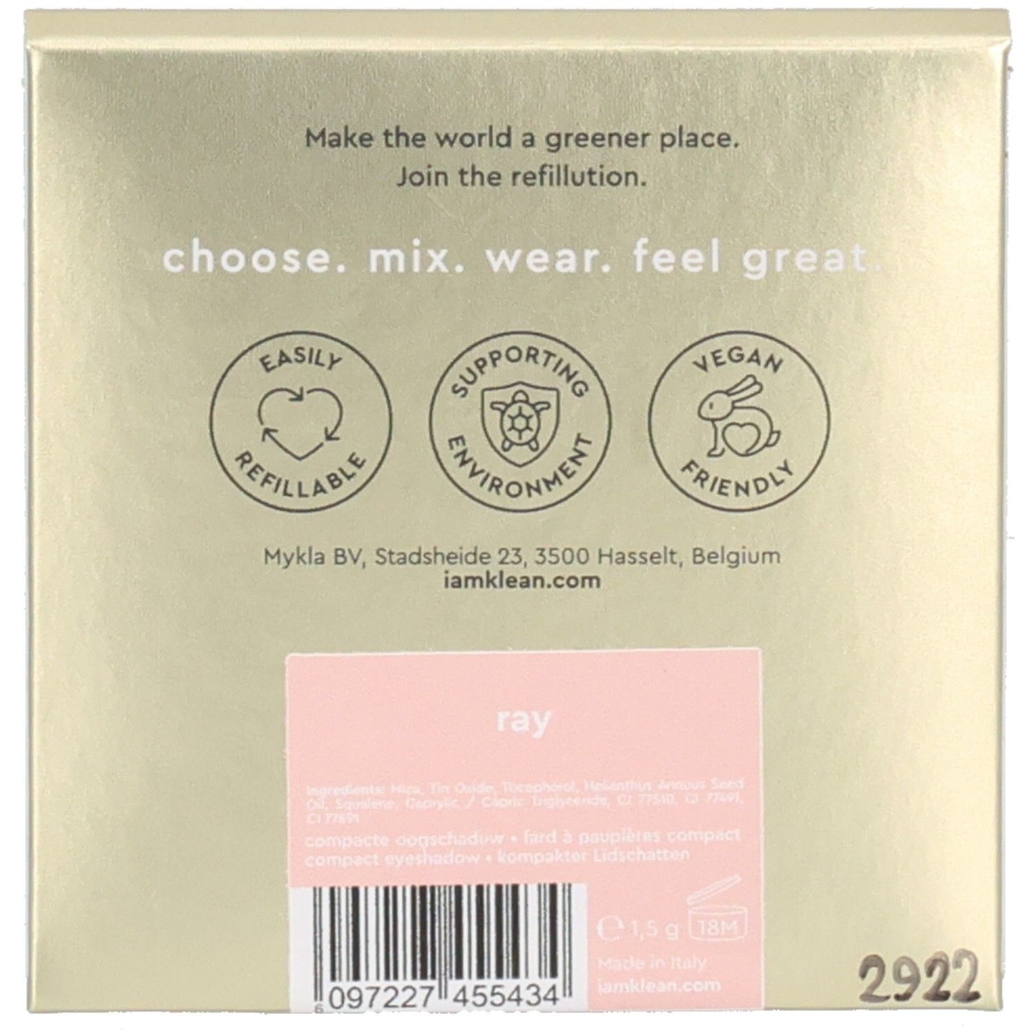 Dos de l'emballage. Texte : "choose. mix. wear. feel great". Logos : rechargeable, respectueux de l'environnement, vegan.