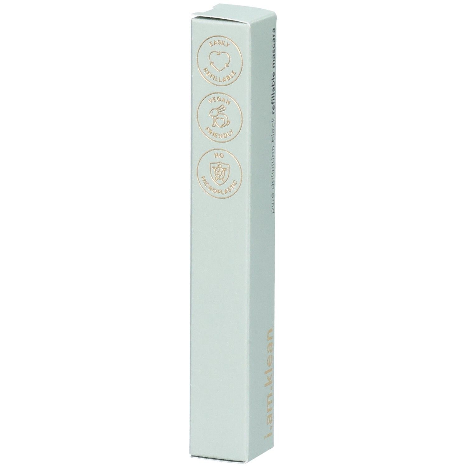 Emballage de mascara vert clair avec logos dorés. Vegan, sans cruauté, sans microplastiques. Texte : i.am.klean, pure definition black, refillable mascara.