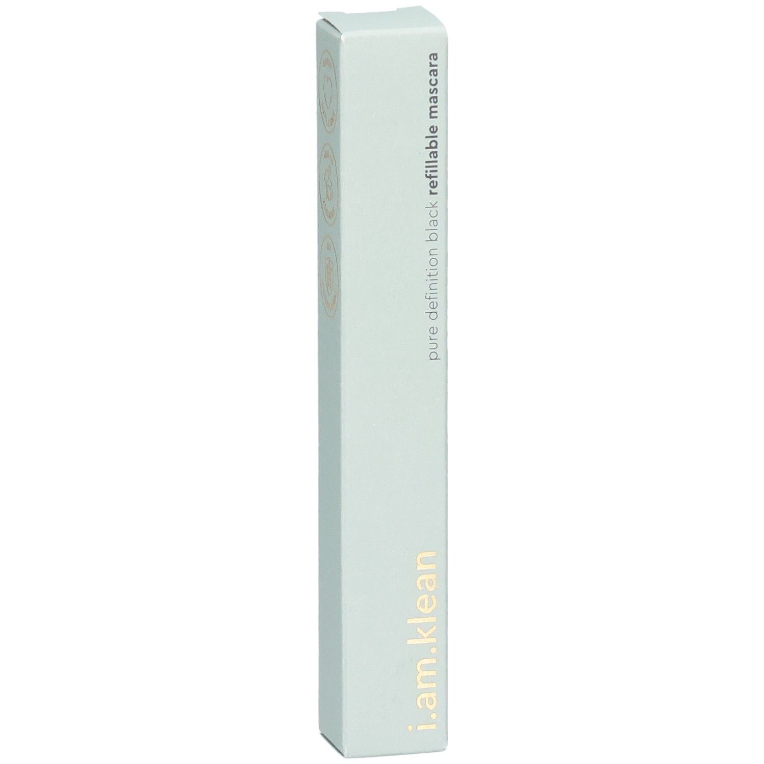 Emballage de mascara. Texte : i.am.klean, pure definition black, refillable mascara. Emballage vert clair avec texte doré.