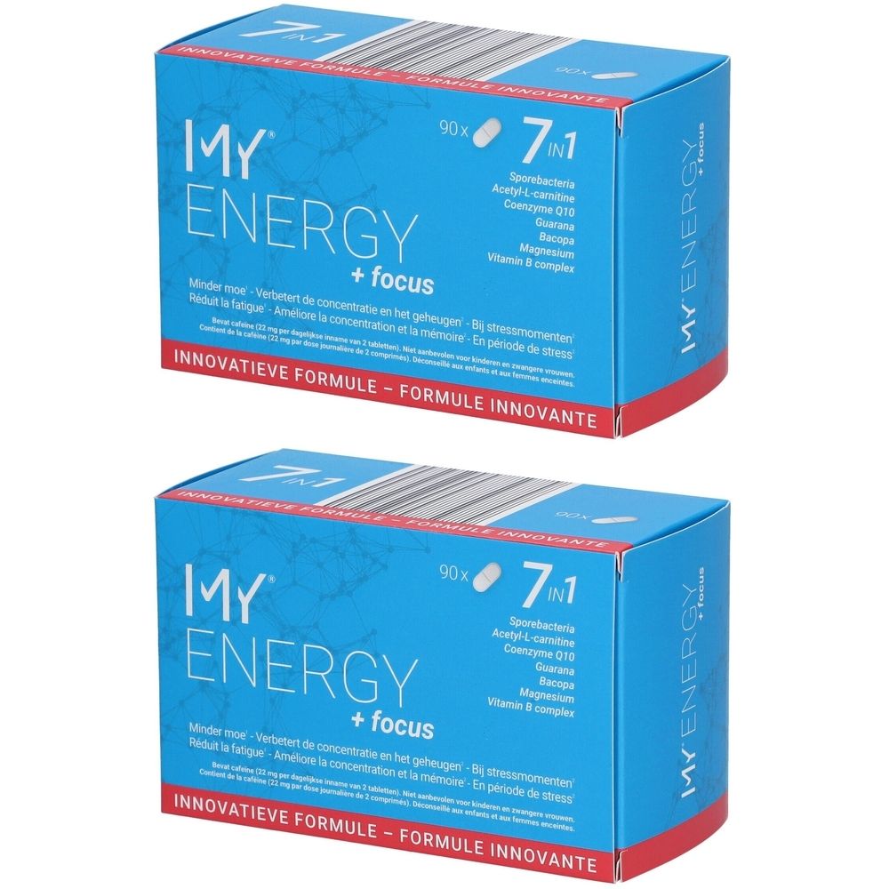 Deux boîtes bleues avec le logo "MY ENERGY + focus" et formule 7 en 1. Contient 90 comprimés. Inscriptions multilingues.
