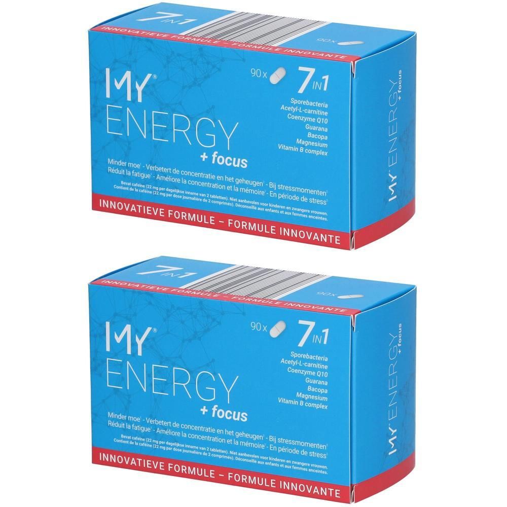 Deux boîtes bleues avec le logo "MY ENERGY + focus" et formule 7 en 1. Contient 90 comprimés. Inscriptions multilingues.