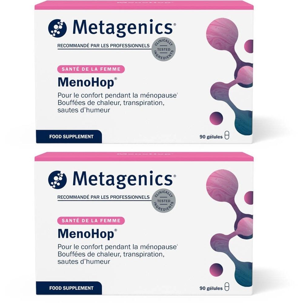 Deux boîtes rose et blanches Metagenics avec texte MenoHop. 90 gélules.