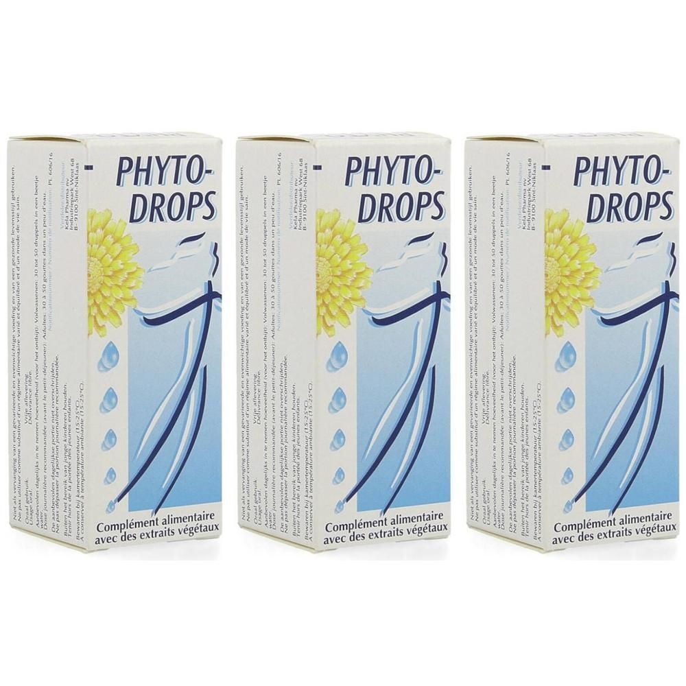 Trois boîtes avec l'inscription "- PHYTO-DROPS". Emballage blanc avec motif floral et éléments bleus.