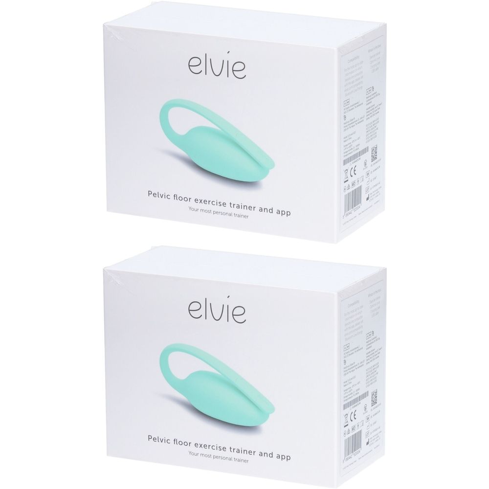 Deux boîtes blanches avec le produit Elvie. Sur chaque boîte, le produit est représenté, ainsi que l'inscription "elvie".