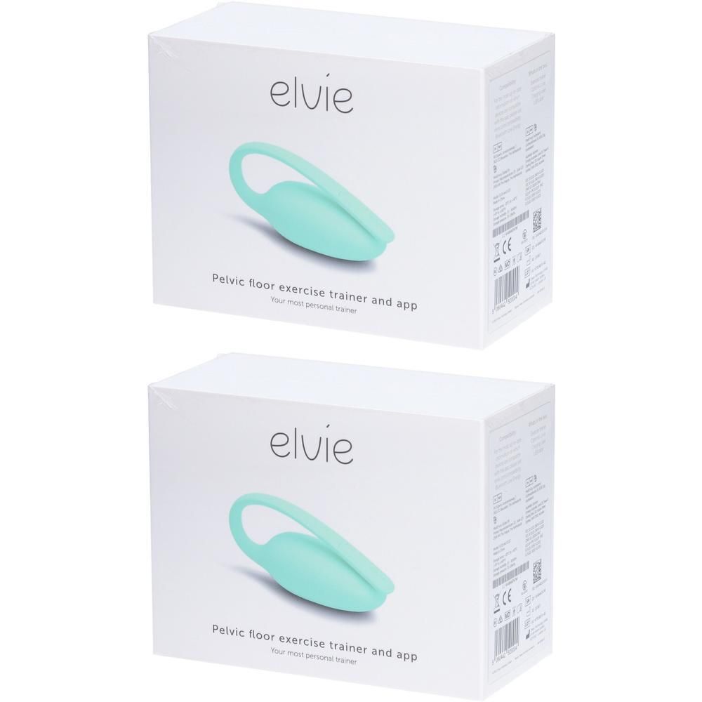 Deux boîtes blanches avec le produit Elvie. Sur chaque boîte, le produit est représenté, ainsi que l'inscription "elvie".