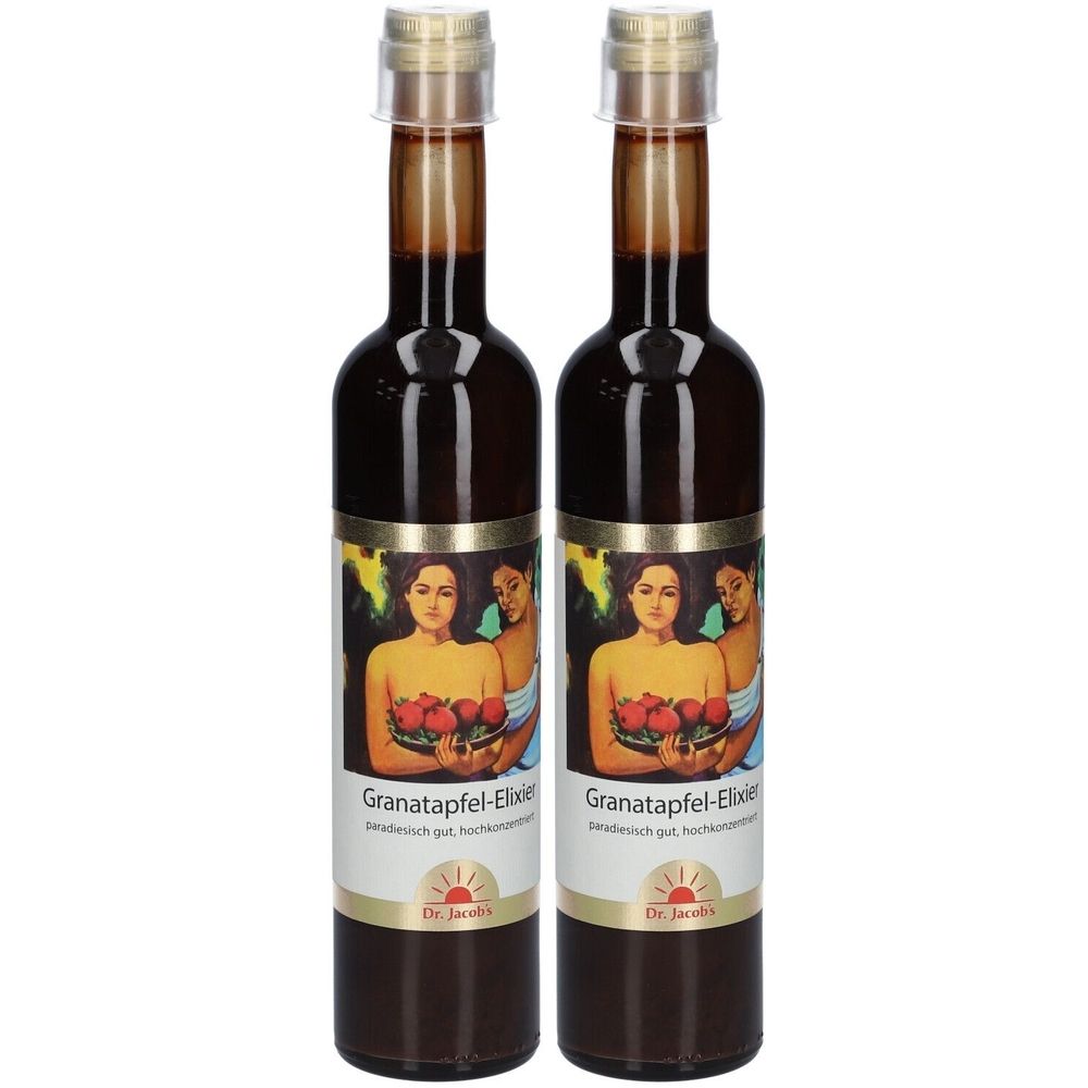 Deux bouteilles de Dr. Jacob's L'original Élixir de Grenade. Étiquette avec femmes et grenades. Bouchon doré.