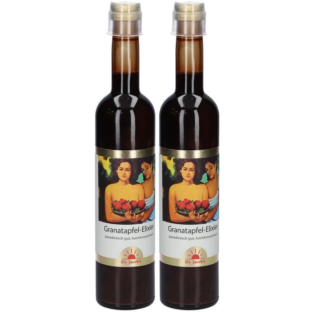 Deux bouteilles de Dr. Jacob's L'original Élixir de Grenade. Étiquette avec femmes et grenades. Bouchon doré.