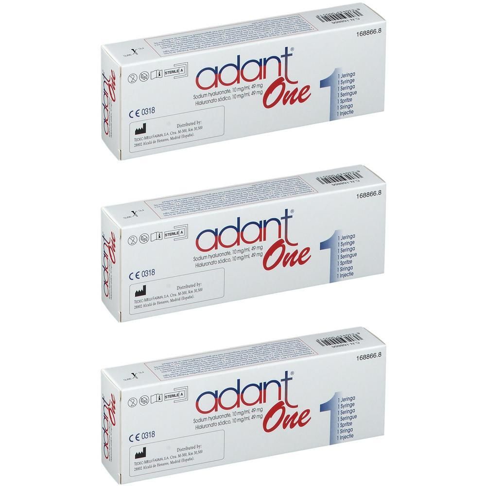 Trois boîtes adant® One. Emballage blanc avec texte rouge et bleu. Contient une seringue.