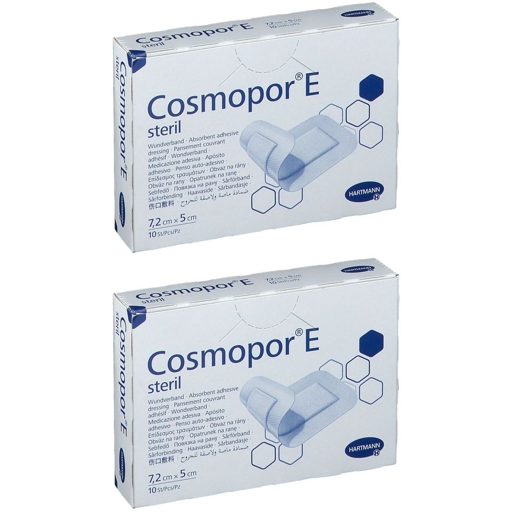Deux boîtes de Cosmopor® E stériles, 7,2 x 5 cm. Boîtes blanches avec texte bleu et image du produit.