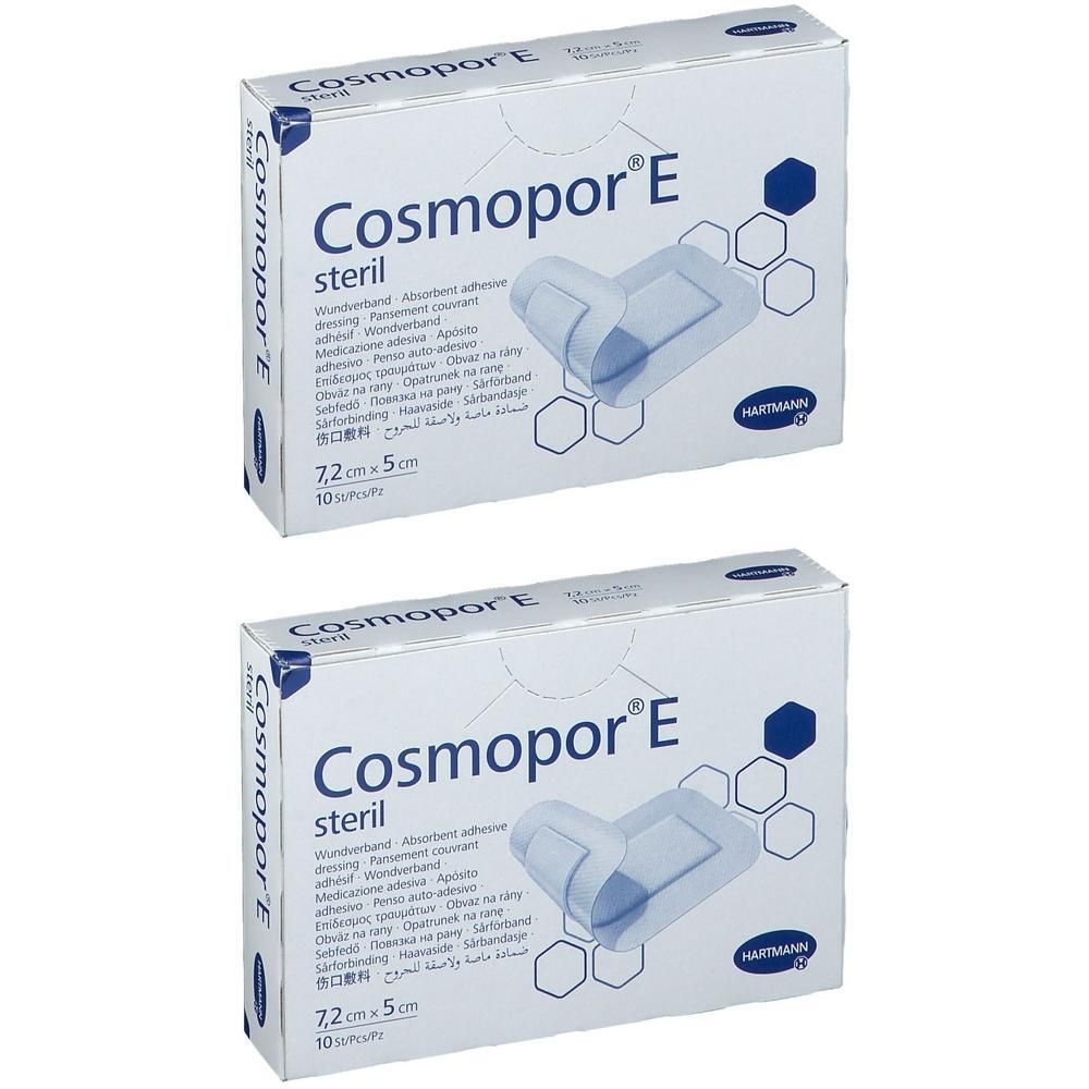 Deux boîtes de Cosmopor® E stériles, 7,2 x 5 cm. Boîtes blanches avec texte bleu et image du produit.