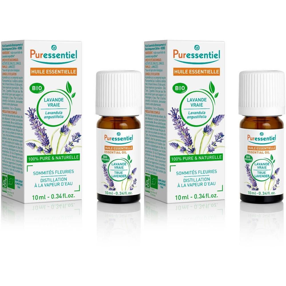 Huile essentielle Bio Puressentiel Lavande vraie, 10ml. Distillation vapeur des sommités fleuries.