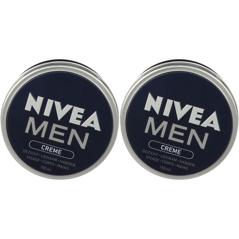 Deux boîtes rondes de crème NIVEA MEN. Couvercles bleus avec texte blanc. Inscription : visage, corps, mains. 150 ml.