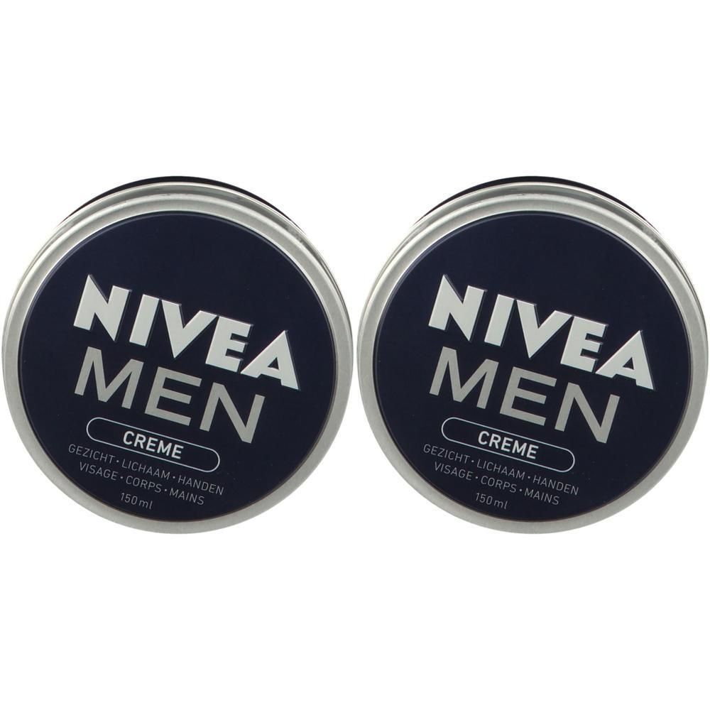 Deux boîtes rondes de crème NIVEA MEN. Couvercles bleus avec texte blanc. Inscription : visage, corps, mains. 150 ml.