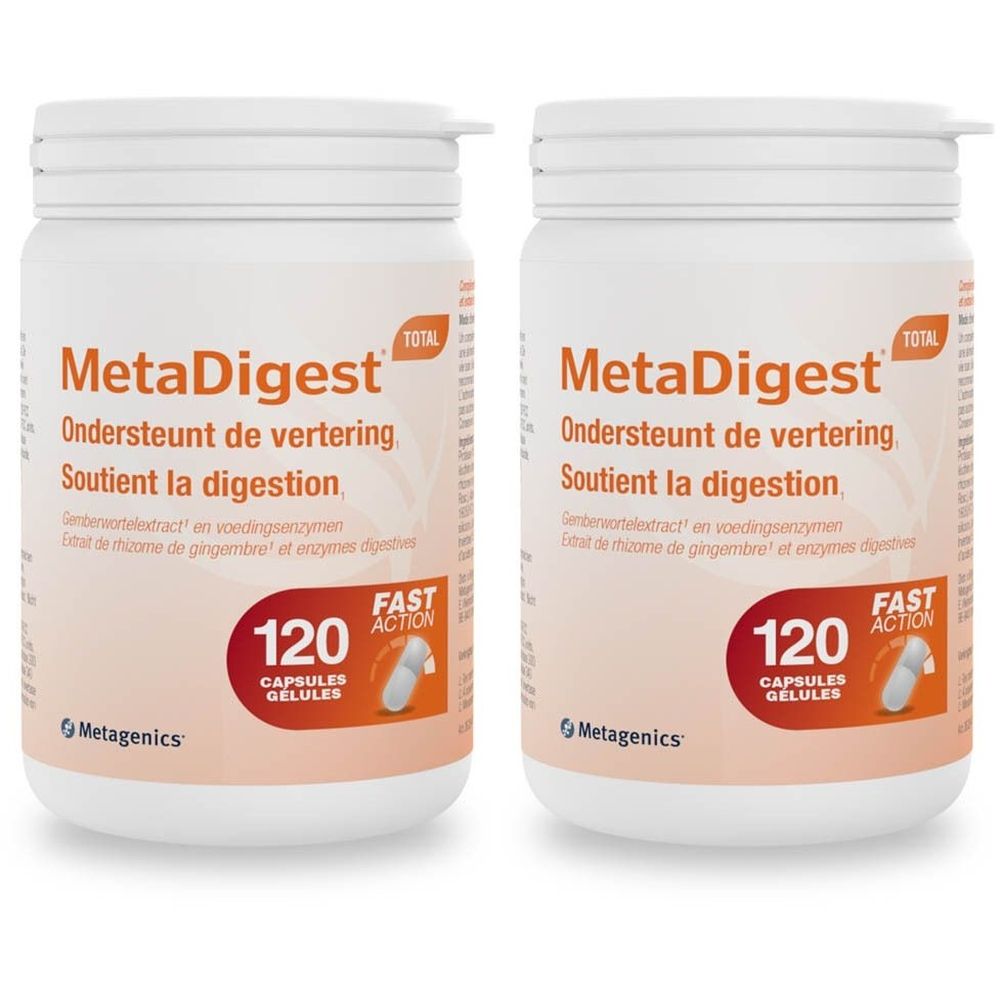 Deux flacons blancs avec étiquette orange. Inscription: MetaDigest Total, 120 capsules. Logo Metagenics.