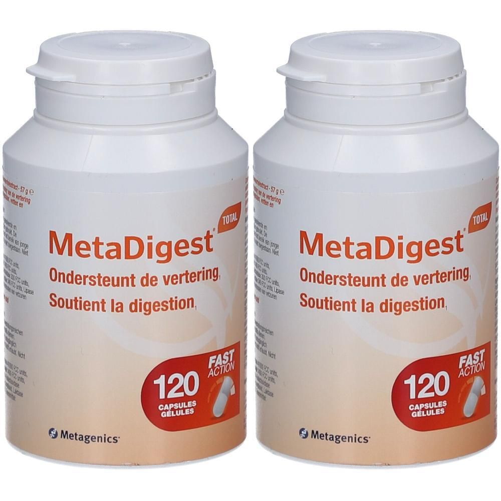 Deux flacons blancs avec étiquette orange. Inscription: MetaDigest Total, 120 capsules. Logo Metagenics.
