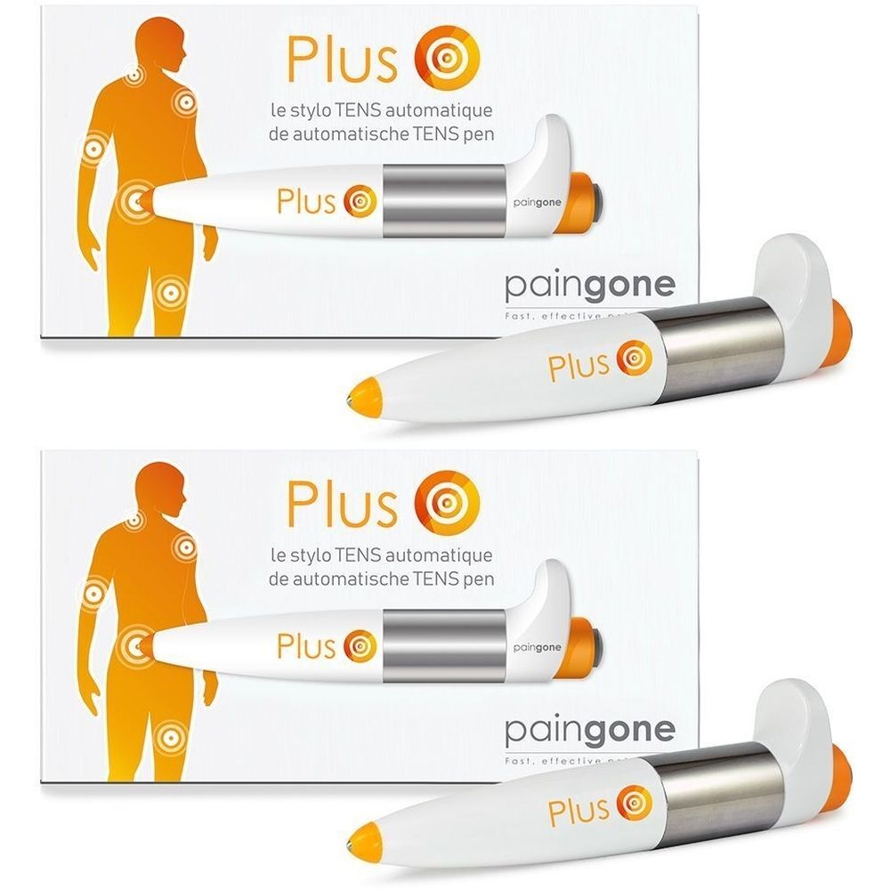 Trois stylos Paingone Plus avec emballage. Blanc, argenté et orange. Inscription : Plus, Paingone.