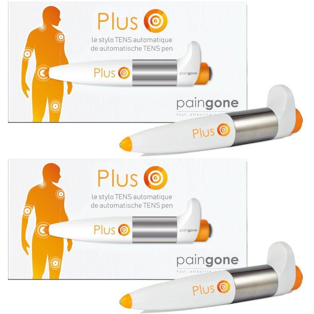 Trois stylos Paingone Plus avec emballage. Blanc, argenté et orange. Inscription : Plus, Paingone.