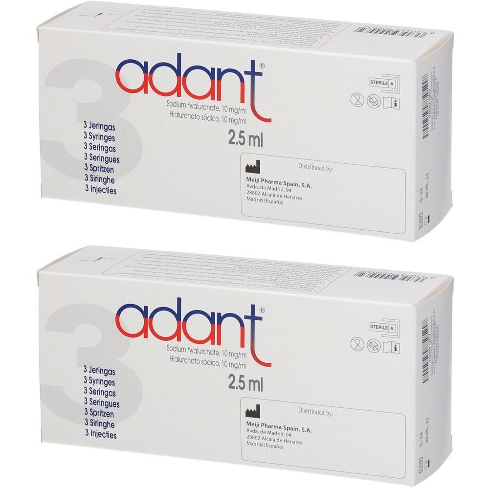 Deux boîtes blanches avec texte rouge et bleu. Inscription : adant, 3 seringues, 2,5 ml.