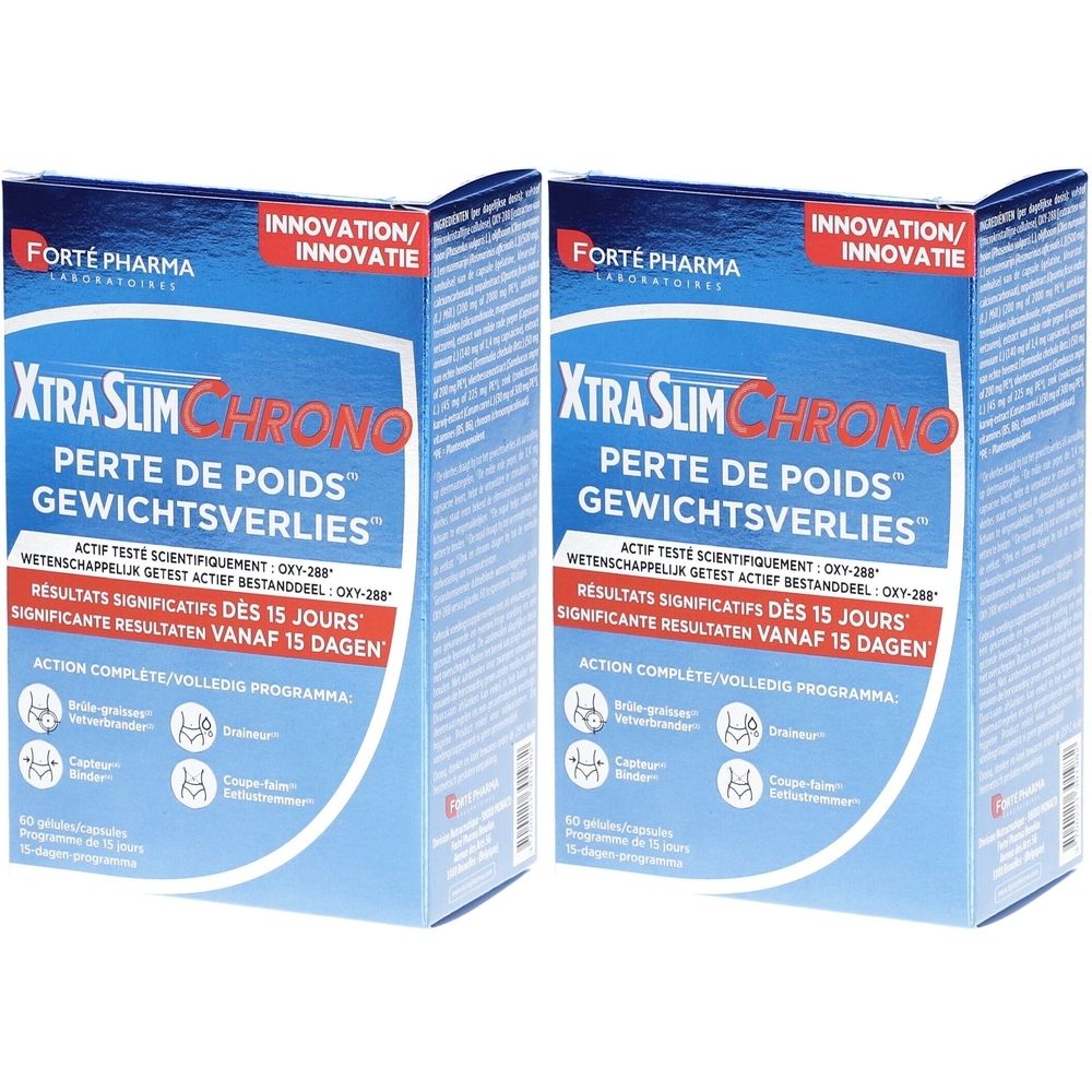 Deux boîtes de Forté Pharma XtraSlim Chrono. Emballage bleu avec nom et logos du produit. Texte en français, allemand et néerlandais.