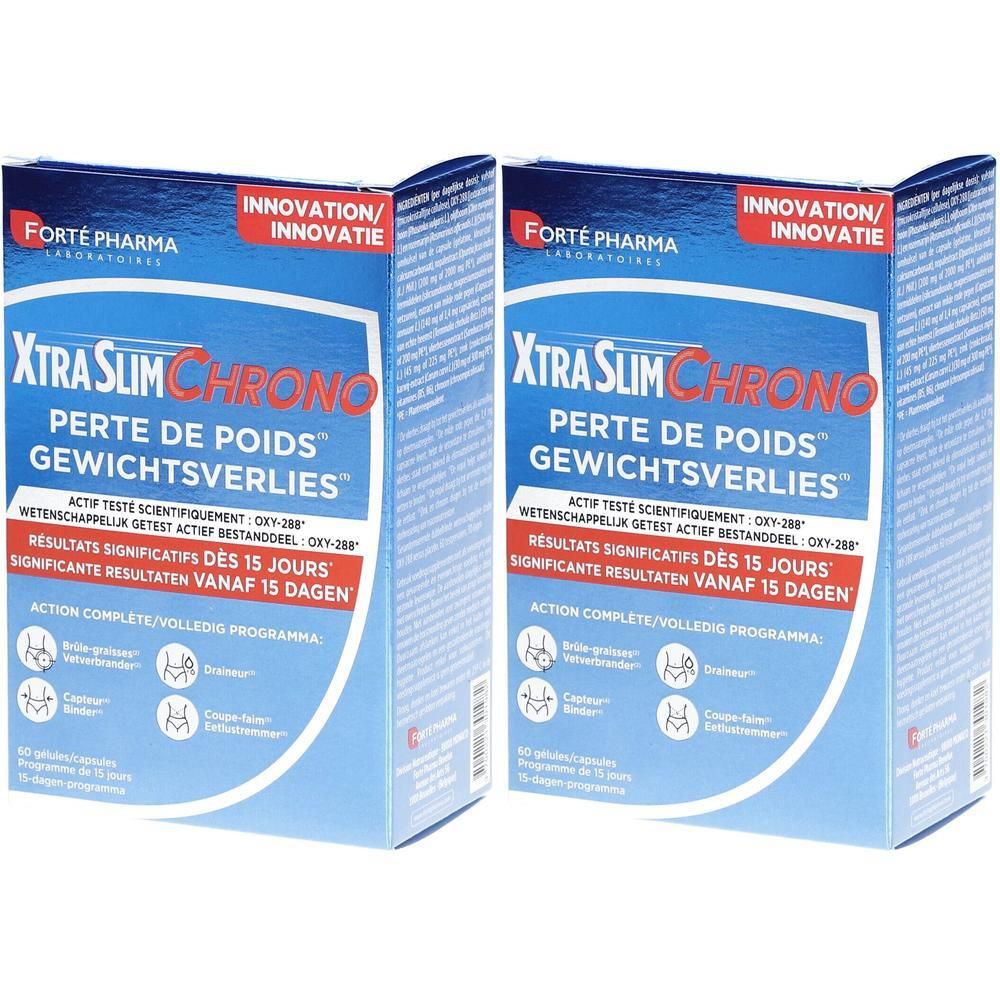 Deux boîtes de Forté Pharma XtraSlim Chrono. Emballage bleu avec nom et logos du produit. Texte en français, allemand et néerlandais.