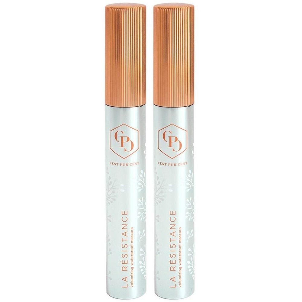 Deux tubes de mascara avec bouchons cuivrés. Inscription: La Résistance, waterproof. Logo: CPD.
