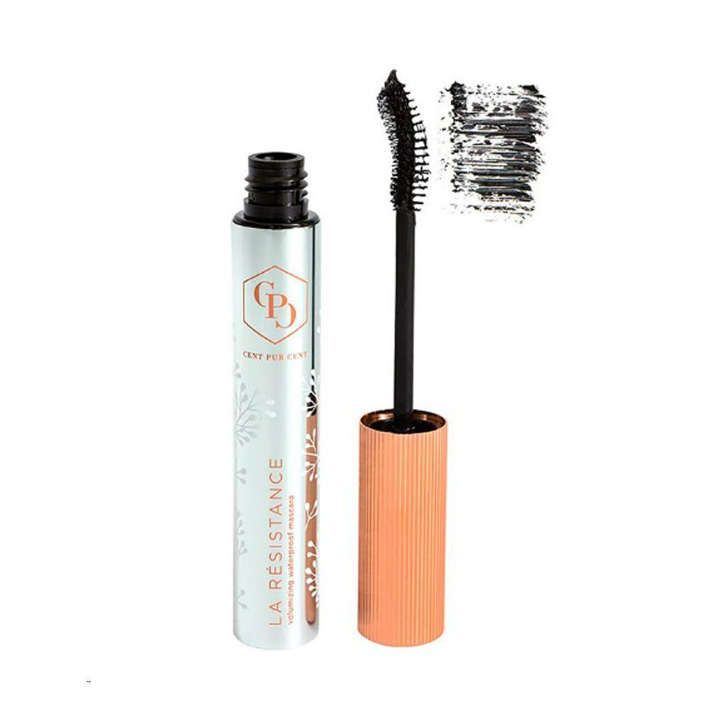 Tube de mascara avec brosse ouverte. Brosse noire et trait de mascara visible. Logo: CPD, La Résistance.