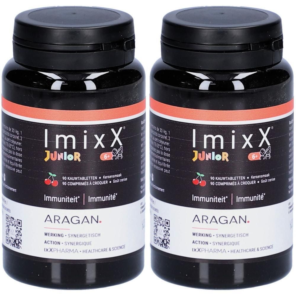 Deux flacons noirs IMIXX JUNIOR® avec étiquettes. Inscription: Immunité, 90 comprimés à croquer, ARAGAN.