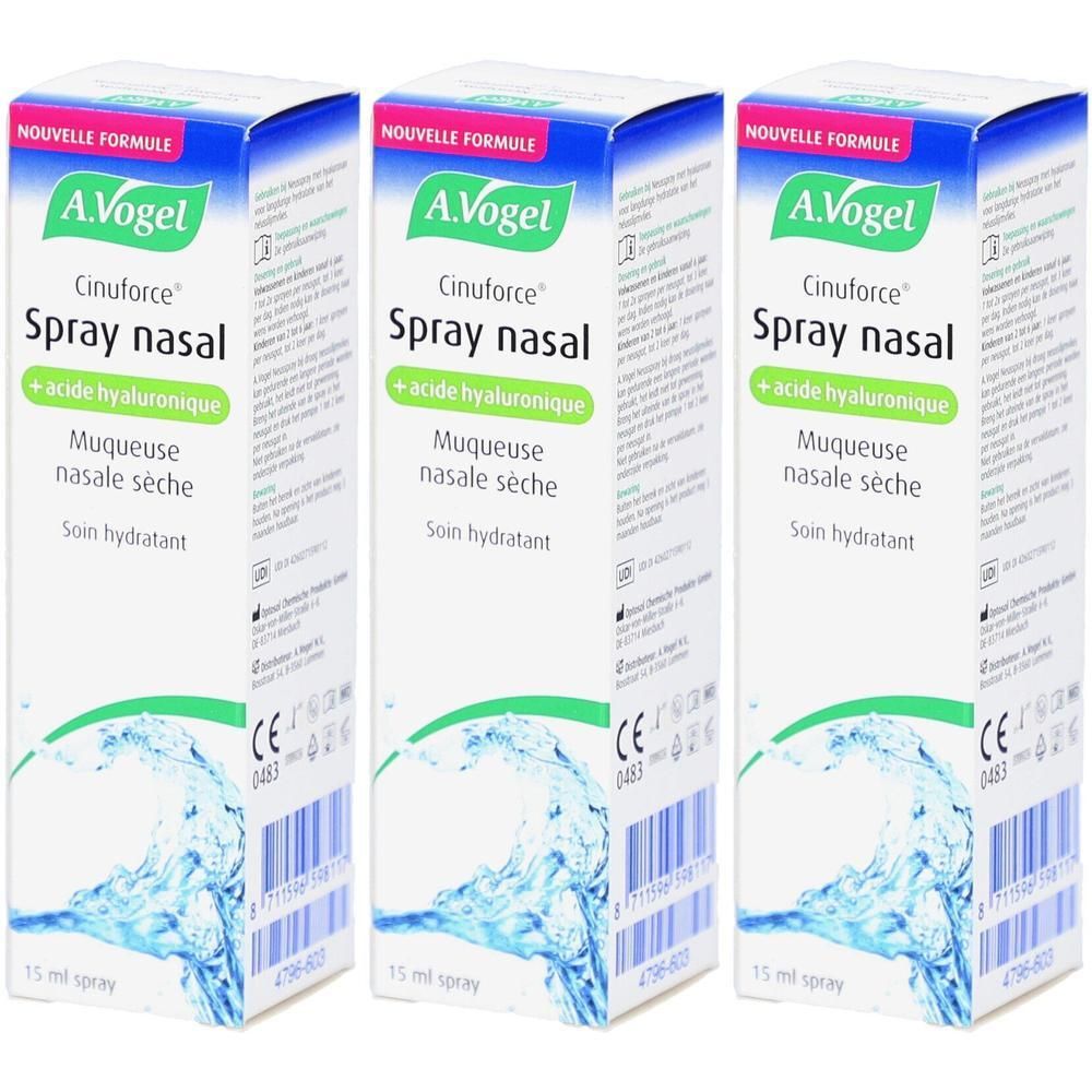Trois boîtes de A.Vogel Cinuforce Spray nasal. Emballage blanc avec texte vert et bleu. Contient de l'acide hyaluronique.