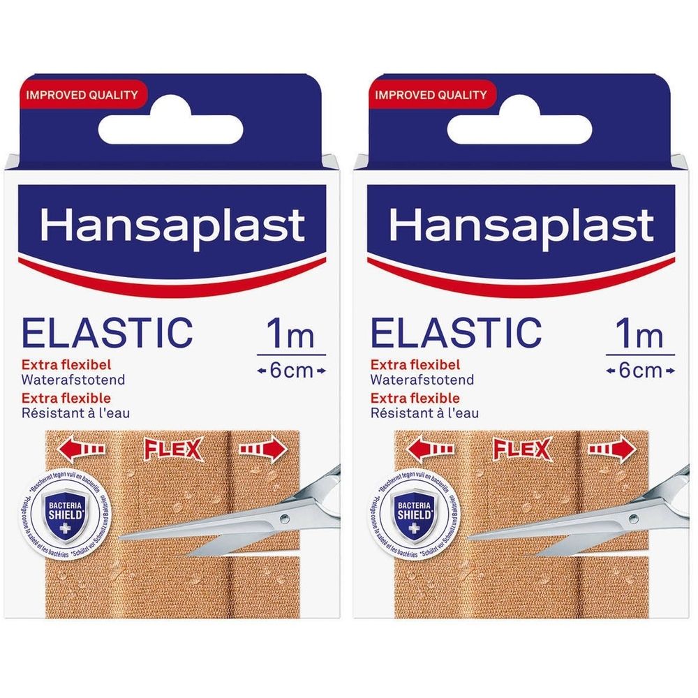 Deux boîtes de Hansaplast Elastic Pansement. Inscription : Elastic, 1m -6cm-. Résistant à l'eau, extra flexible. Ciseaux et bandes.
