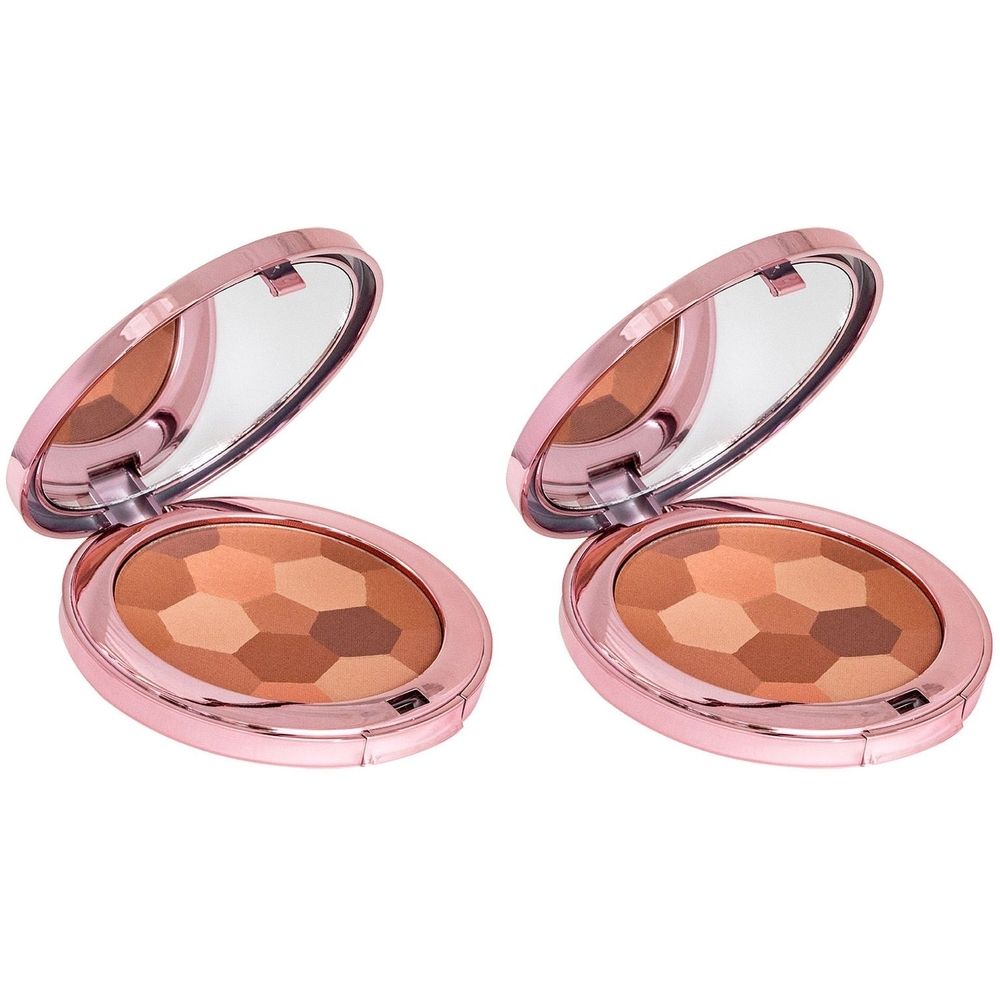 Deux poudres compactes rondes avec miroir. Motif géométrique en différentes nuances de brun. Boîtier rose.