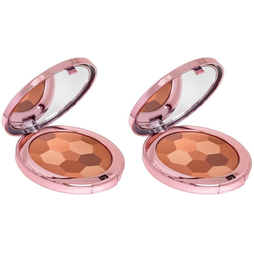 Deux poudres compactes rondes avec miroir. Motif géométrique en différentes nuances de brun. Boîtier rose.