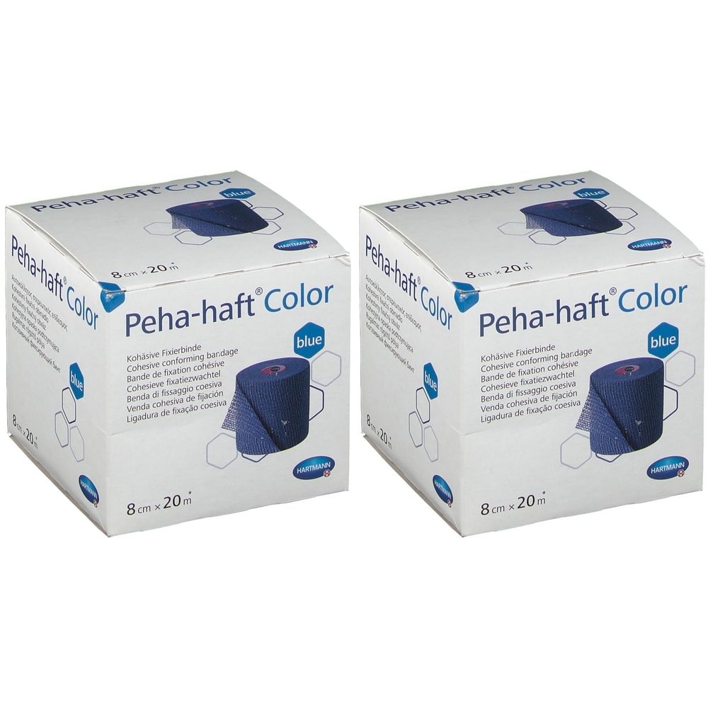 Deux boîtes de Peha-haft Color, bleu. Inscription : 8 cm x 20 m. Image du produit et texte sur carton blanc.