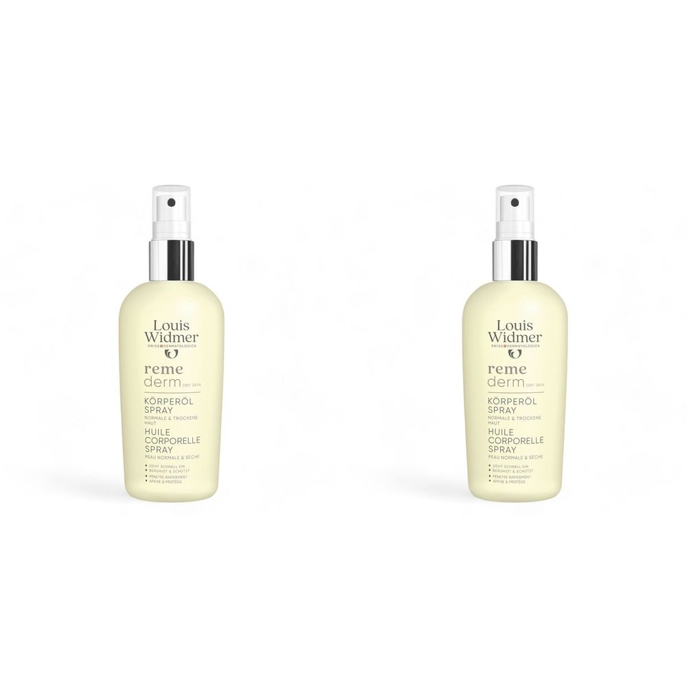 Deux flacons de spray Louis Widmer Remederm. Flacons jaunâtres avec vaporisateurs argentés. Inscription: Remederm, Huile corporelle Spray.