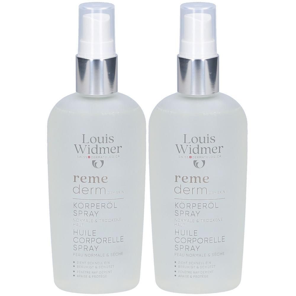 Deux flacons de spray Louis Widmer Remederm. Bouteilles transparentes avec vaporisateurs argentés. Inscription: Remederm, Huile corporelle Spray.