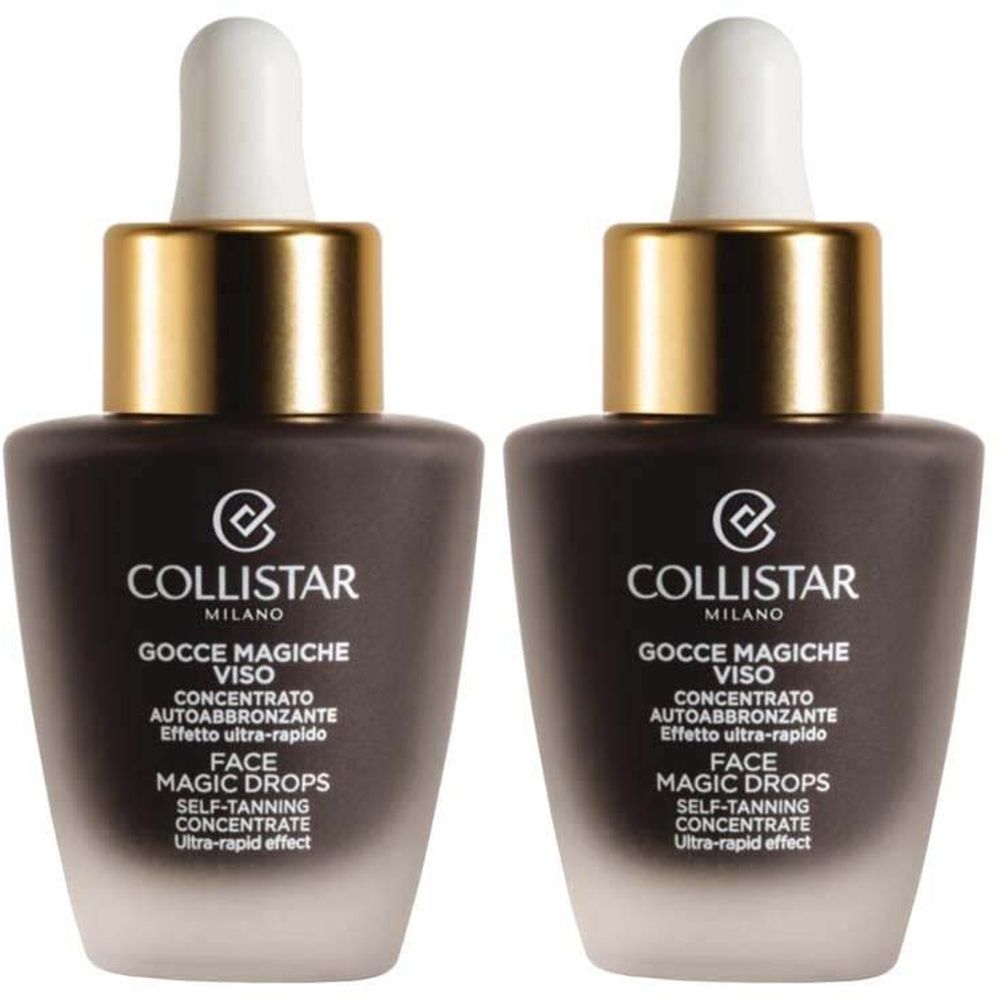 Deux flacons avec compte-gouttes. Liquide brun foncé, bouchon doré, compte-gouttes blanc. Inscription : Collistar, Face Magic Drops.