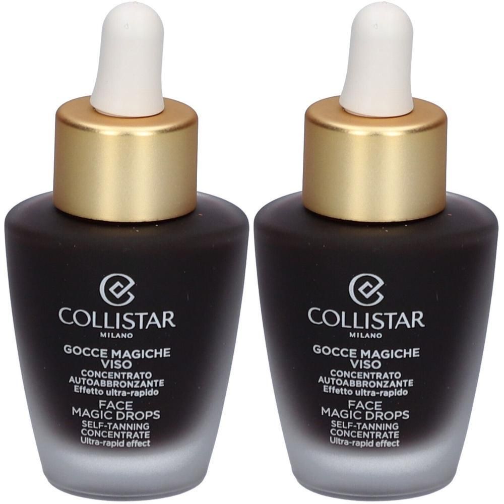 Deux flacons avec compte-gouttes. Liquide brun foncé, bouchon doré, compte-gouttes blanc. Inscription : Collistar, Face Magic Drops.