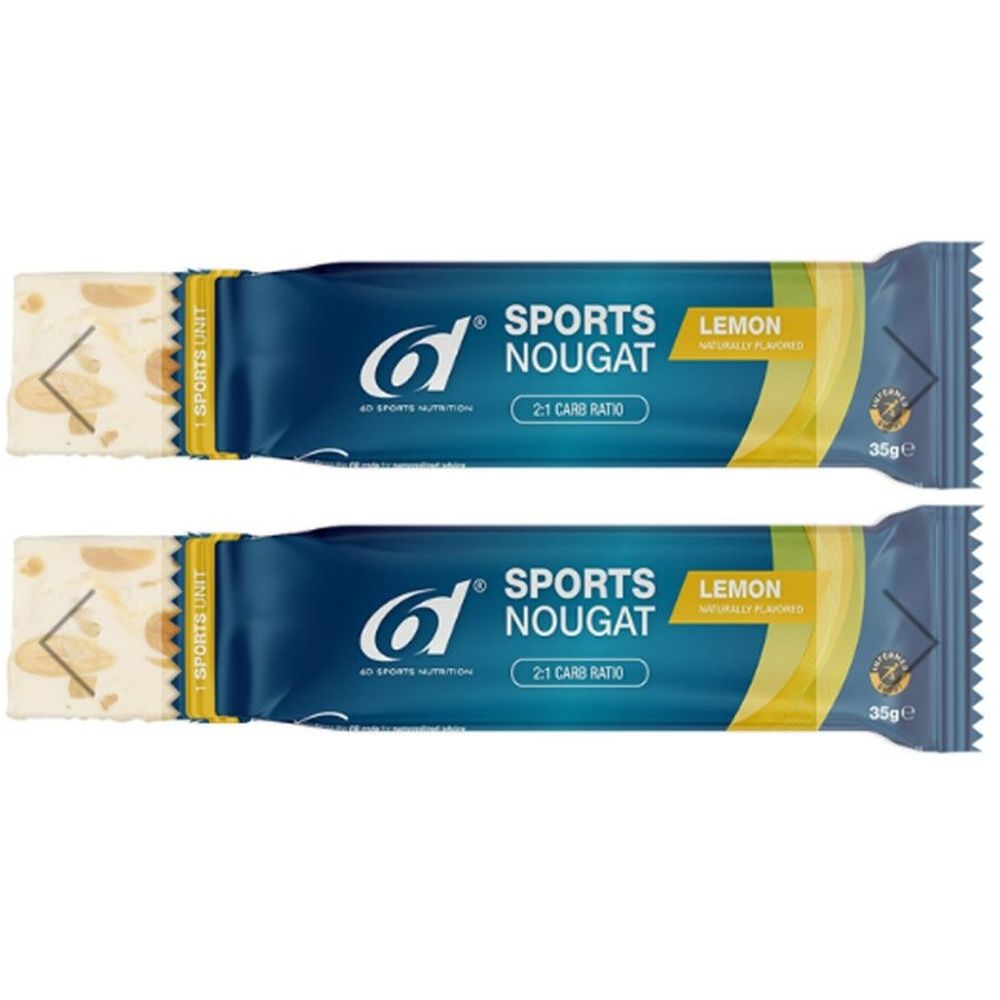 Deux barres 6D Sports Nutrition Sports Nougat, citron. Emballage bleu avec logo et nom du produit. 35g.