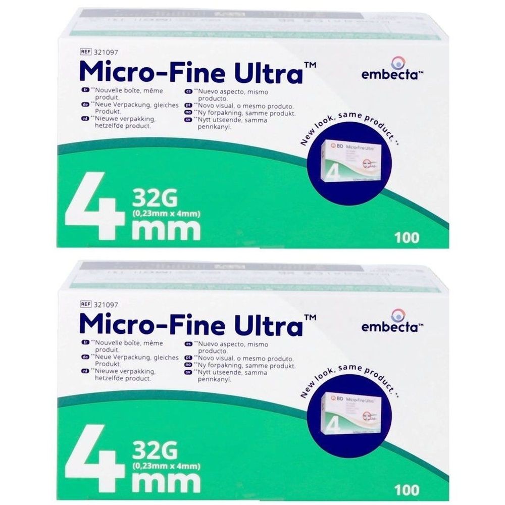 Deux boîtes. Inscription : Micro-Fine Ultra, 4 mm, 32G. Marque : Embecta. Contient 100 aiguilles. Texte : New look, same product.