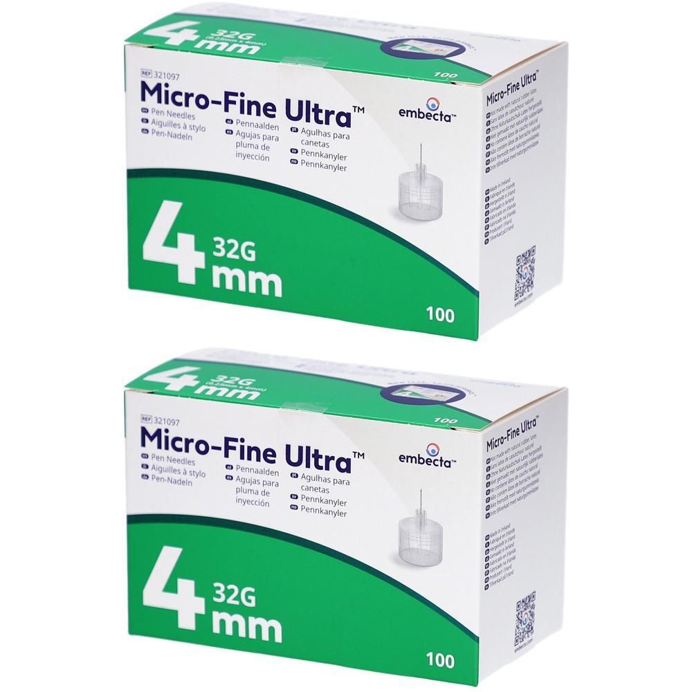Deux boîtes. Inscription verte : Micro-Fine Ultra, 4 mm, 32G. Marque : Embecta. Contient 100 aiguilles.